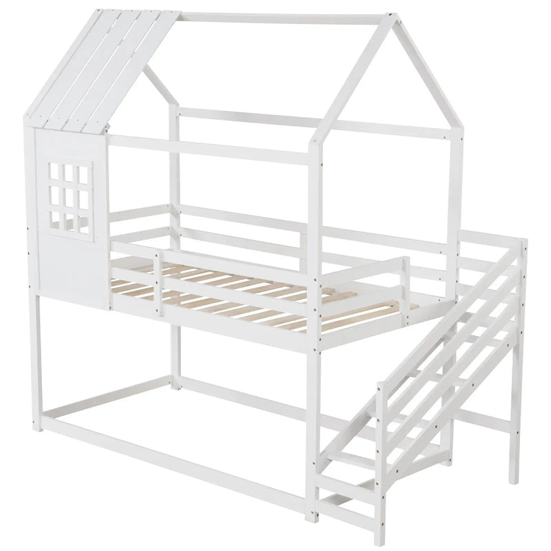 Twin House Bed with Stairs and Roof for Kids-White by DirectDeals