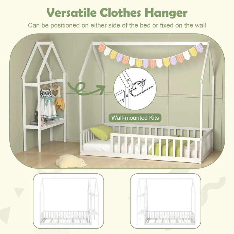 Twin House Floor Bed Montessori Bed Frame with Storage Shelf-White by DirectDeals