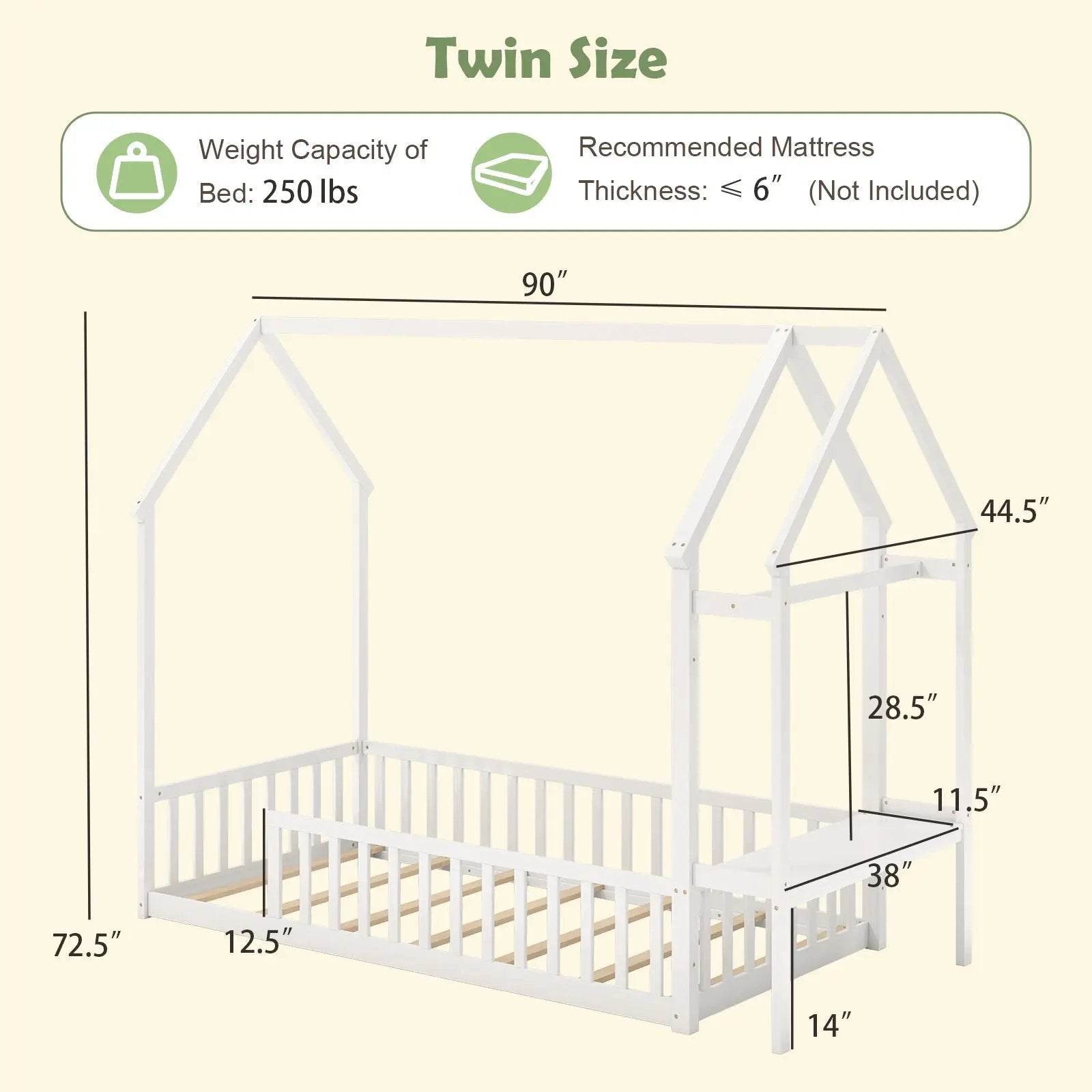 Twin House Floor Bed Montessori Bed Frame with Storage Shelf-White by DirectDeals