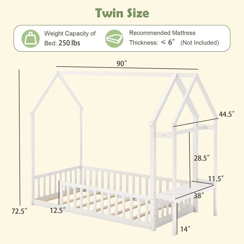 Twin House Floor Bed Montessori Bed Frame with Storage Shelf-White by DirectDeals