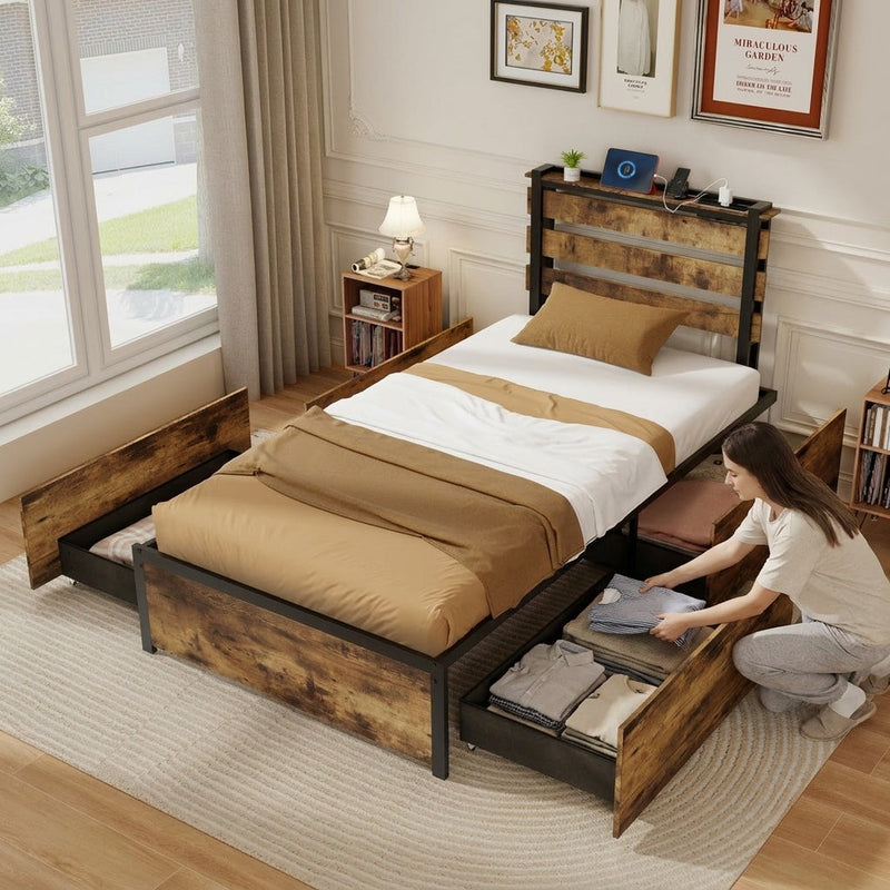 Twin Bed Frame with 4 Large Storage Drawers – Space by DirectDeals