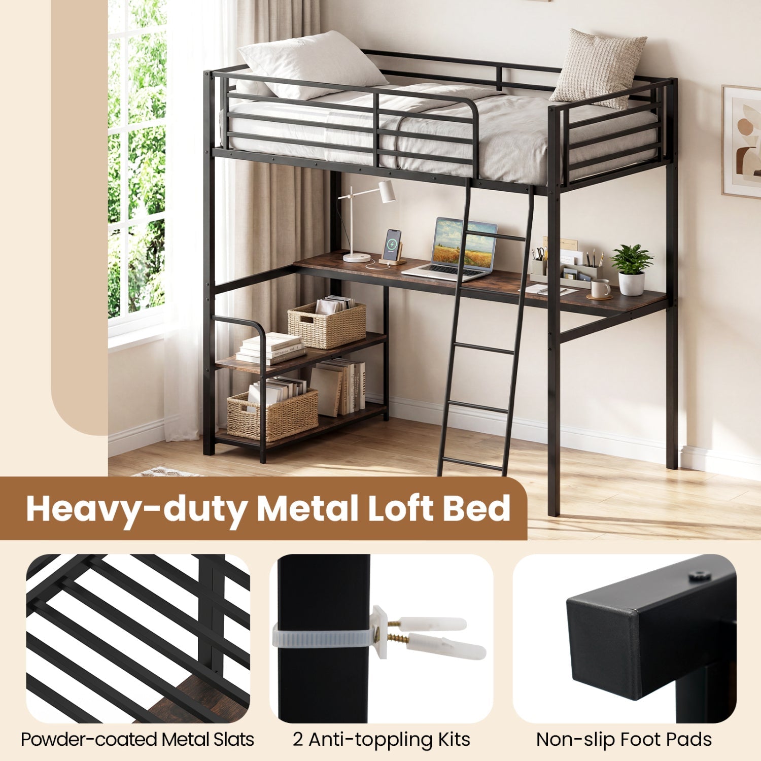 Twin Loft Bed with Desk and Shelves for Kids and Adults by DirectDeals