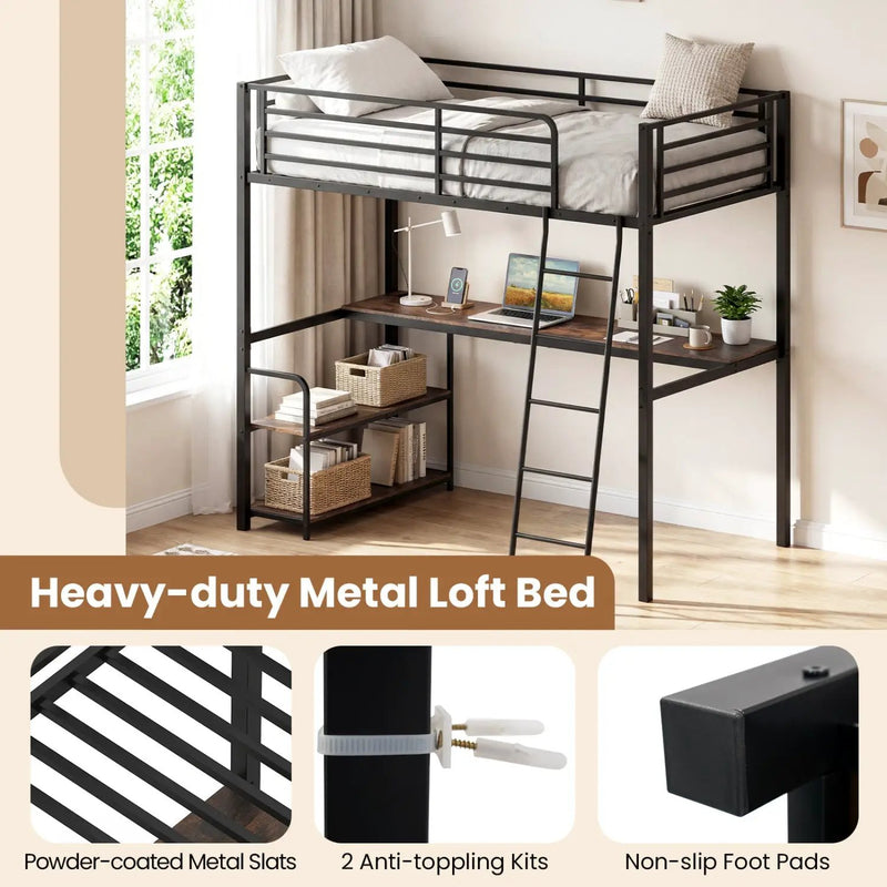 Twin Loft Bed with Desk and Shelves for Kids and Adults by DirectDeals