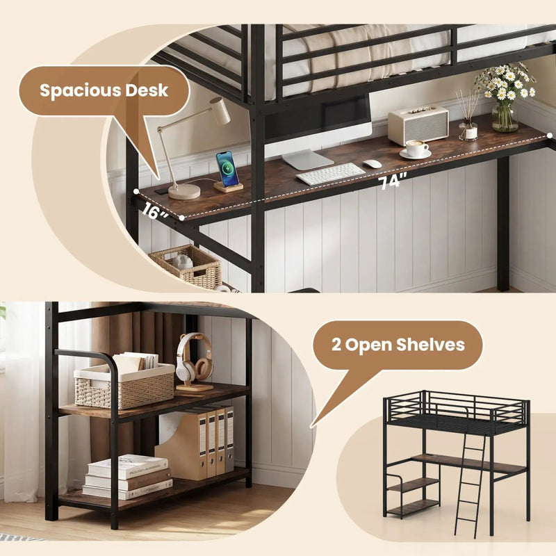 Twin Loft Bed with Desk and Shelves for Kids and Adults by DirectDeals