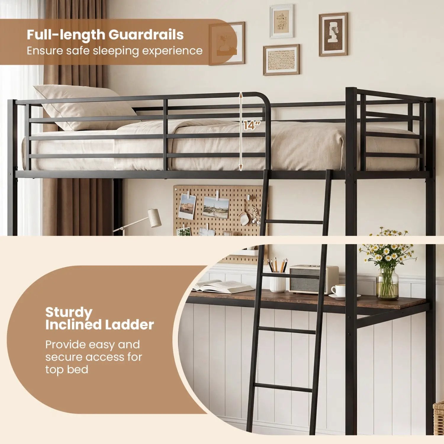 Twin Loft Bed with Desk and Shelves for Kids and Adults by DirectDeals