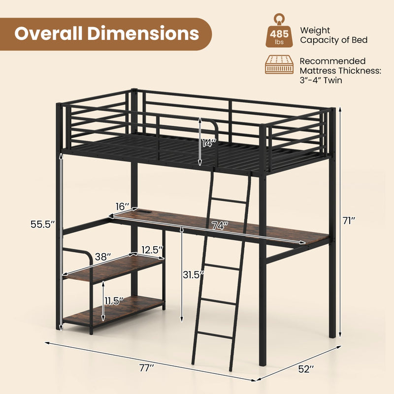 Twin Loft Bed with Desk and Shelves for Kids and Adults by DirectDeals