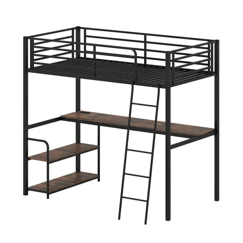 Twin Loft Bed with Desk and Shelves for Kids and Adults by DirectDeals