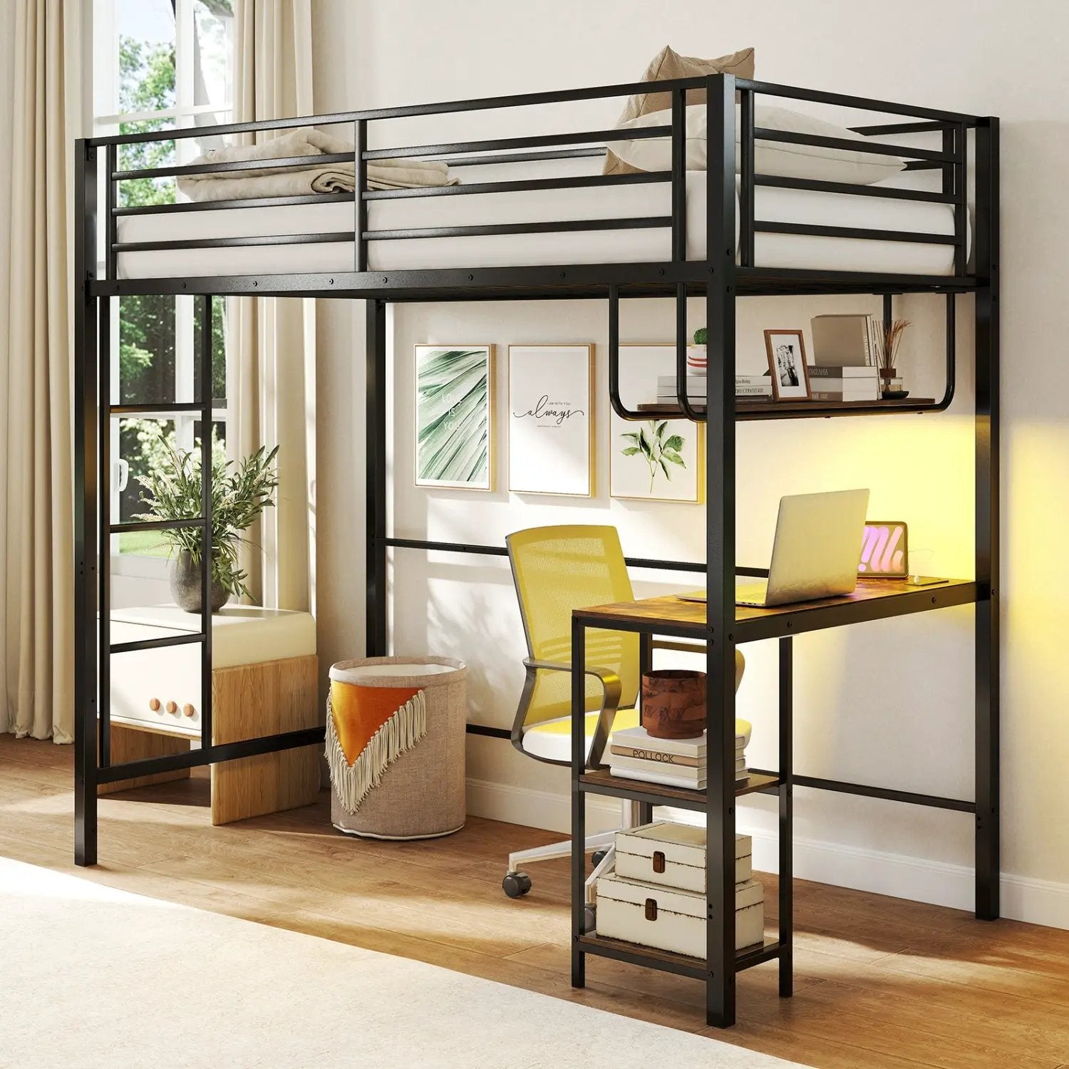 Twin Loft Bed with Desk LED Lights Charging Station Heavy-duty Metal Bed Frame with Guardrail by DirectDeals