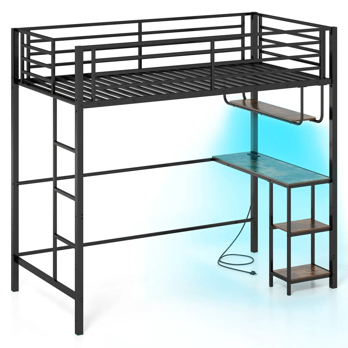 Twin Loft Bed with Desk LED Lights Charging Station Heavy-duty Metal Bed Frame with Guardrail, photo 2 of 16