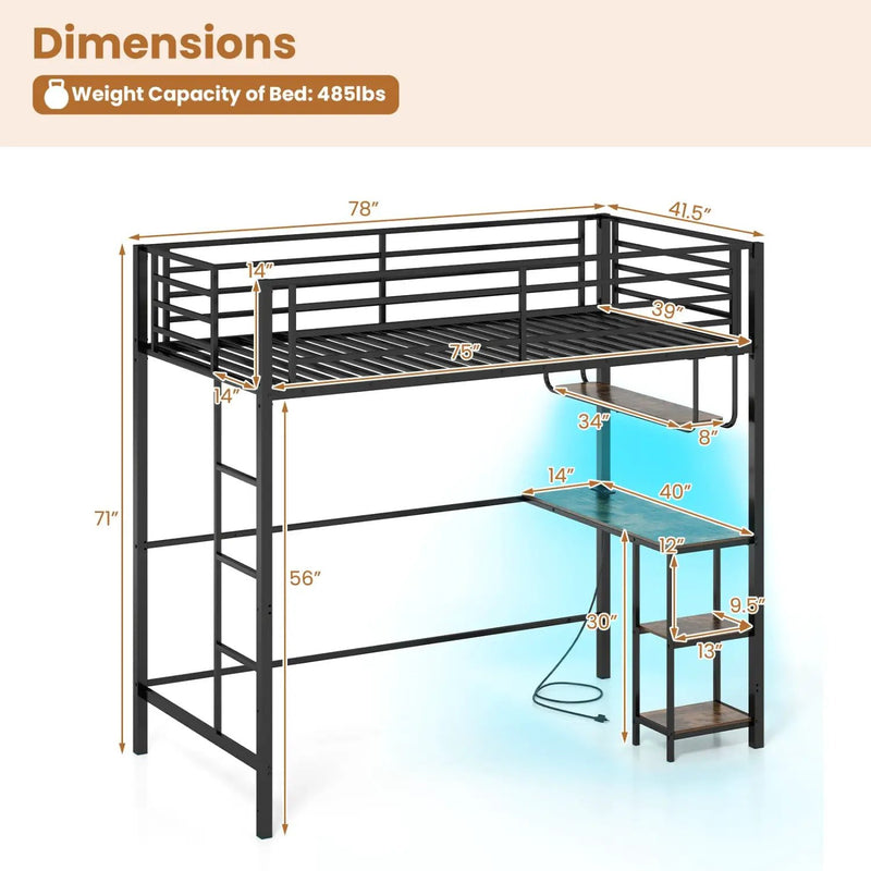 Twin Loft Bed with Desk LED Lights Charging Station Heavy-duty Metal Bed Frame with Guardrail by DirectDeals