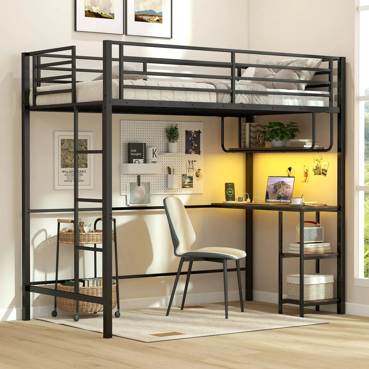 Twin Loft Bed with Desk LED Lights Charging Station Heavy-duty Metal Bed Frame with Guardrail, photo 12 of 16