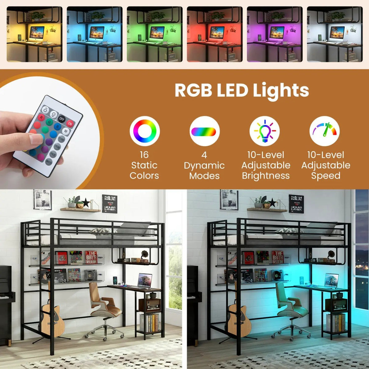 Twin Loft Bed with Desk LED Lights Charging Station Heavy-duty Metal Bed Frame with Guardrail, photo 14 of 16
