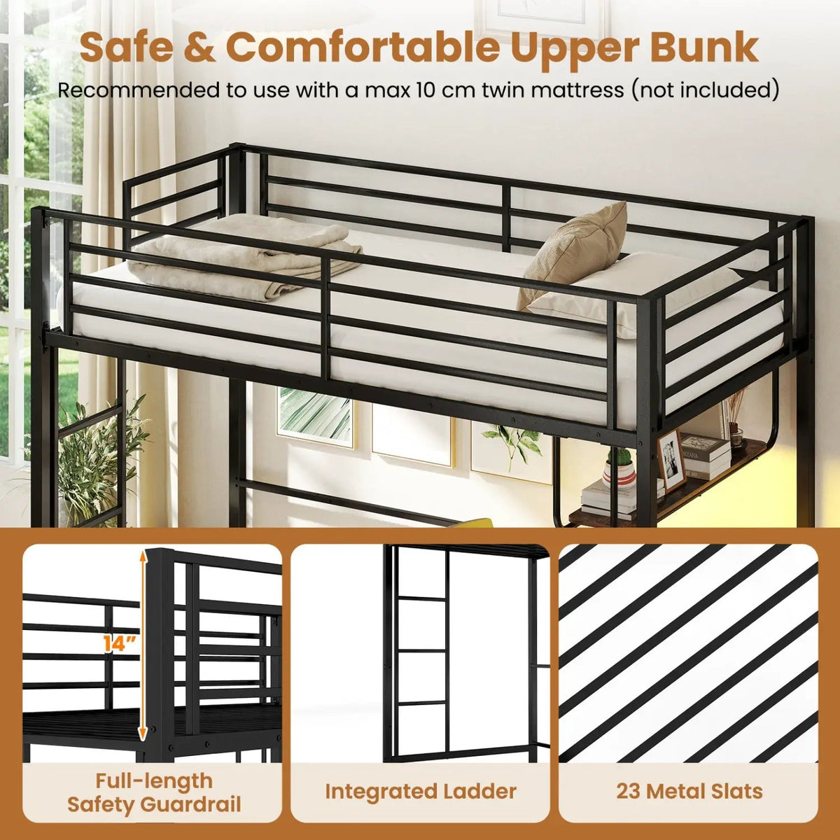 Twin Loft Bed with Desk LED Lights Charging Station Heavy-duty Metal Bed Frame with Guardrail, photo 15 of 16