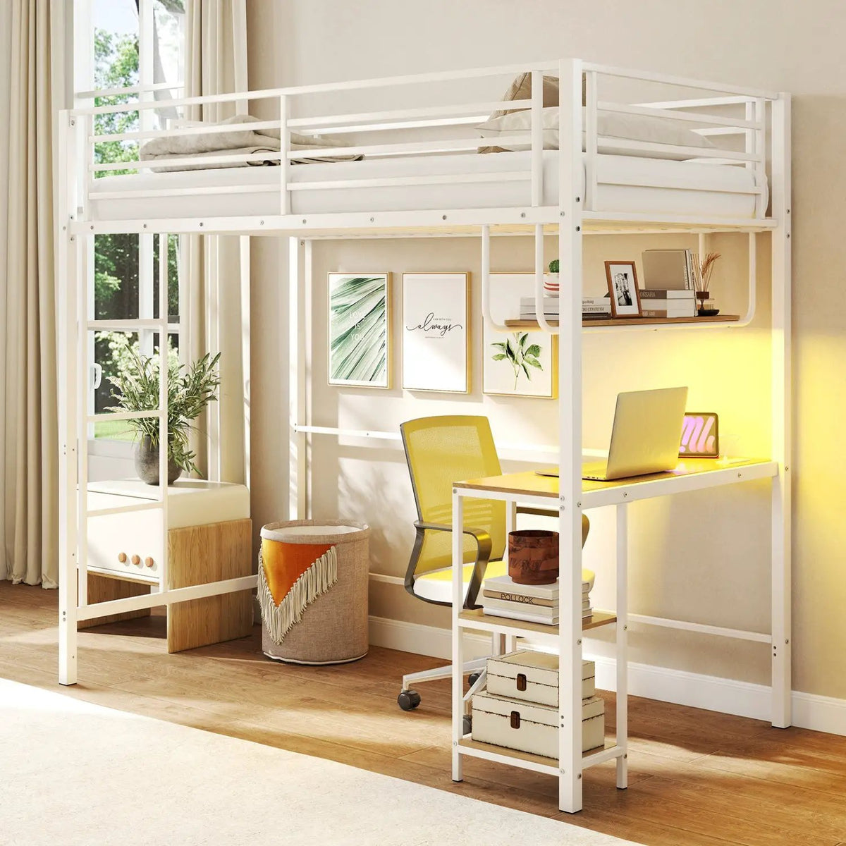 Twin Loft Bed with Desk LED Lights Charging Station Heavy-duty Metal Bed Frame with Guardrail, photo 3 of 16