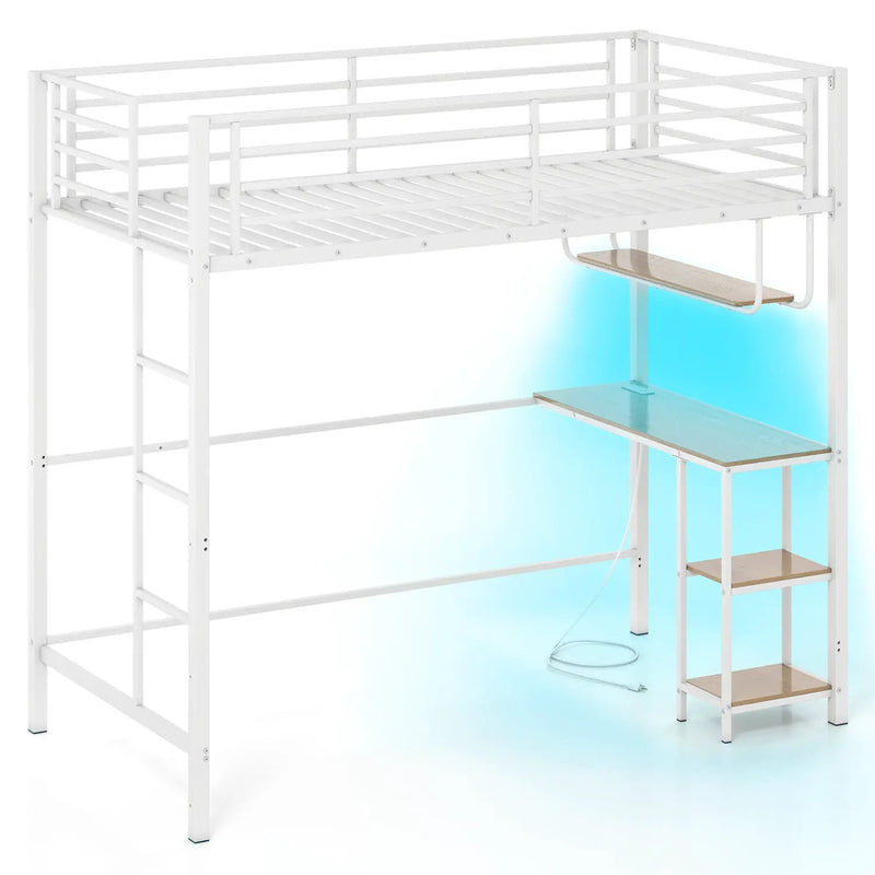 Twin Loft Bed with Desk LED Lights Charging Station Heavy-duty Metal Bed Frame with Guardrail by DirectDeals
