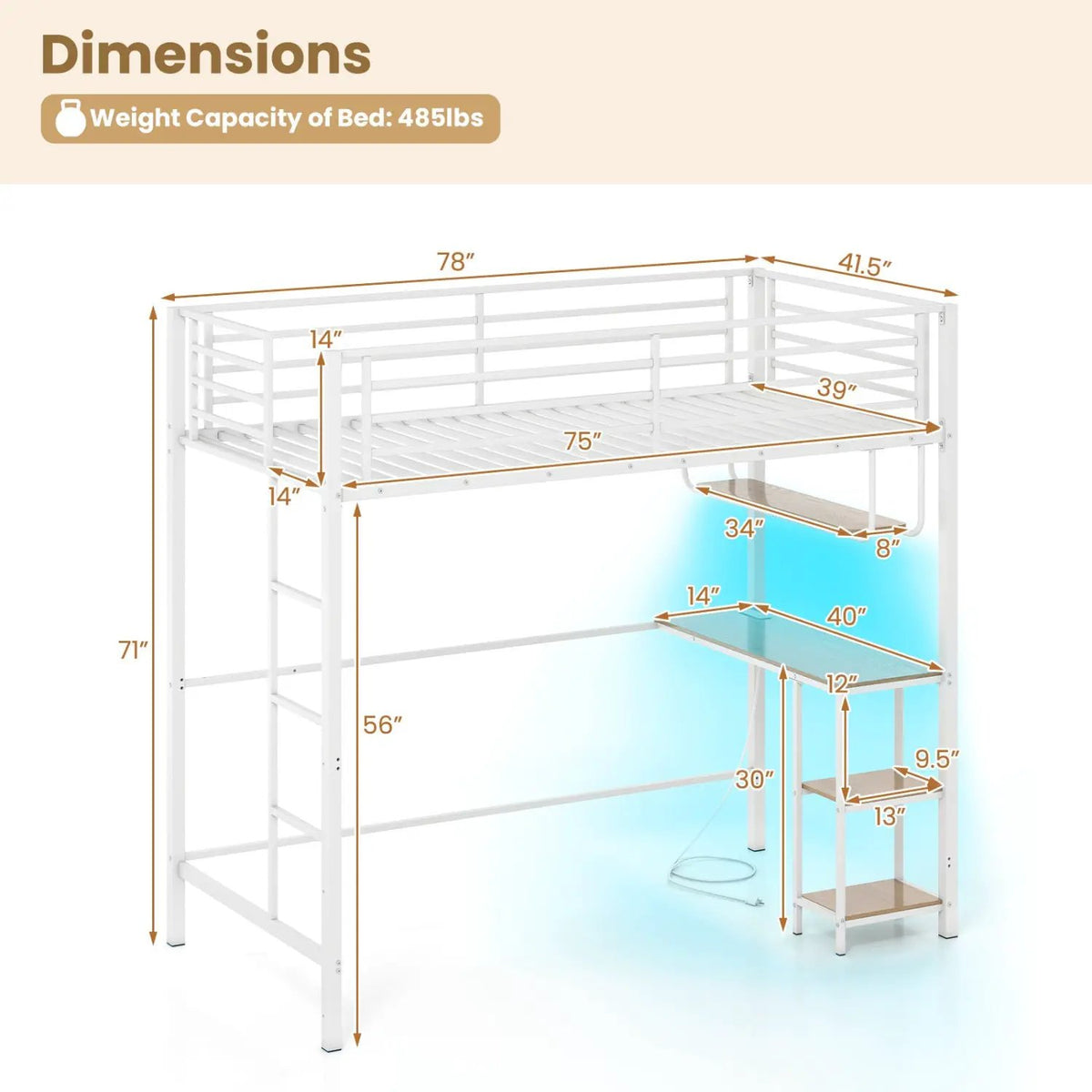 Twin Loft Bed with Desk LED Lights Charging Station Heavy-duty Metal Bed Frame with Guardrail, photo 4 of 16