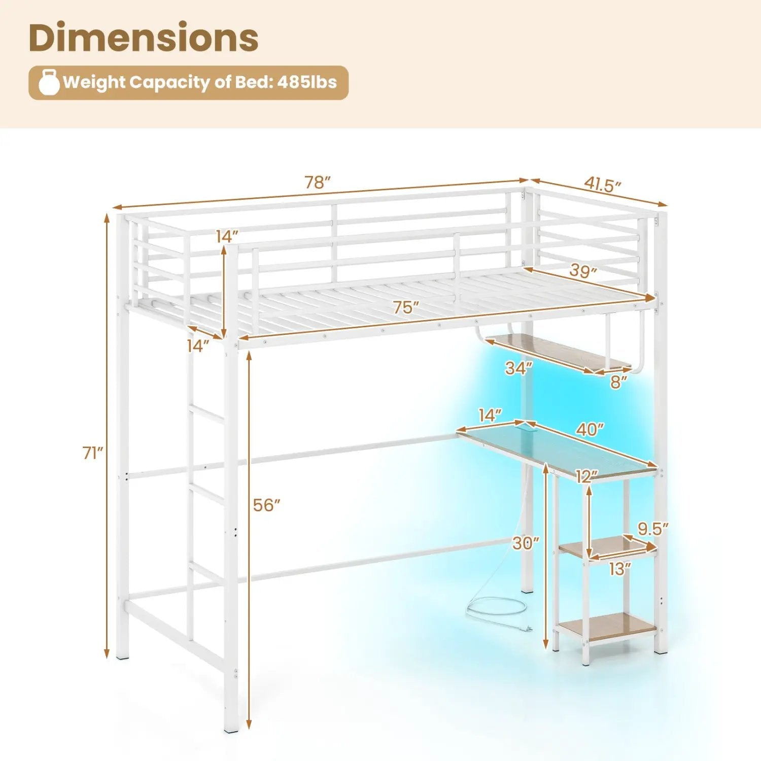 Twin Loft Bed with Desk LED Lights Charging Station Heavy-duty Metal Bed Frame with Guardrail by DirectDeals