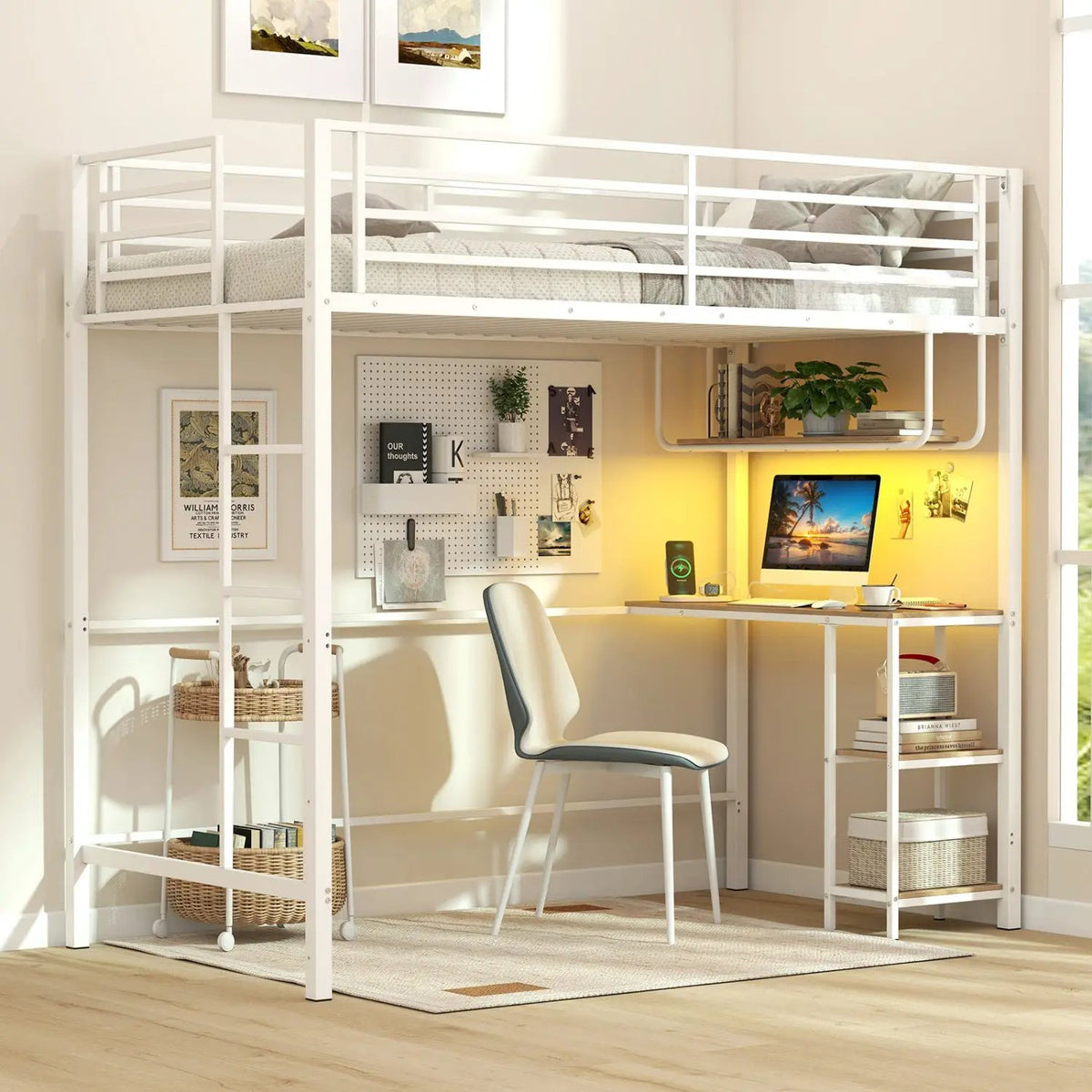 Twin Loft Bed with Desk LED Lights Charging Station Heavy-duty Metal Bed Frame with Guardrail, photo 5 of 16
