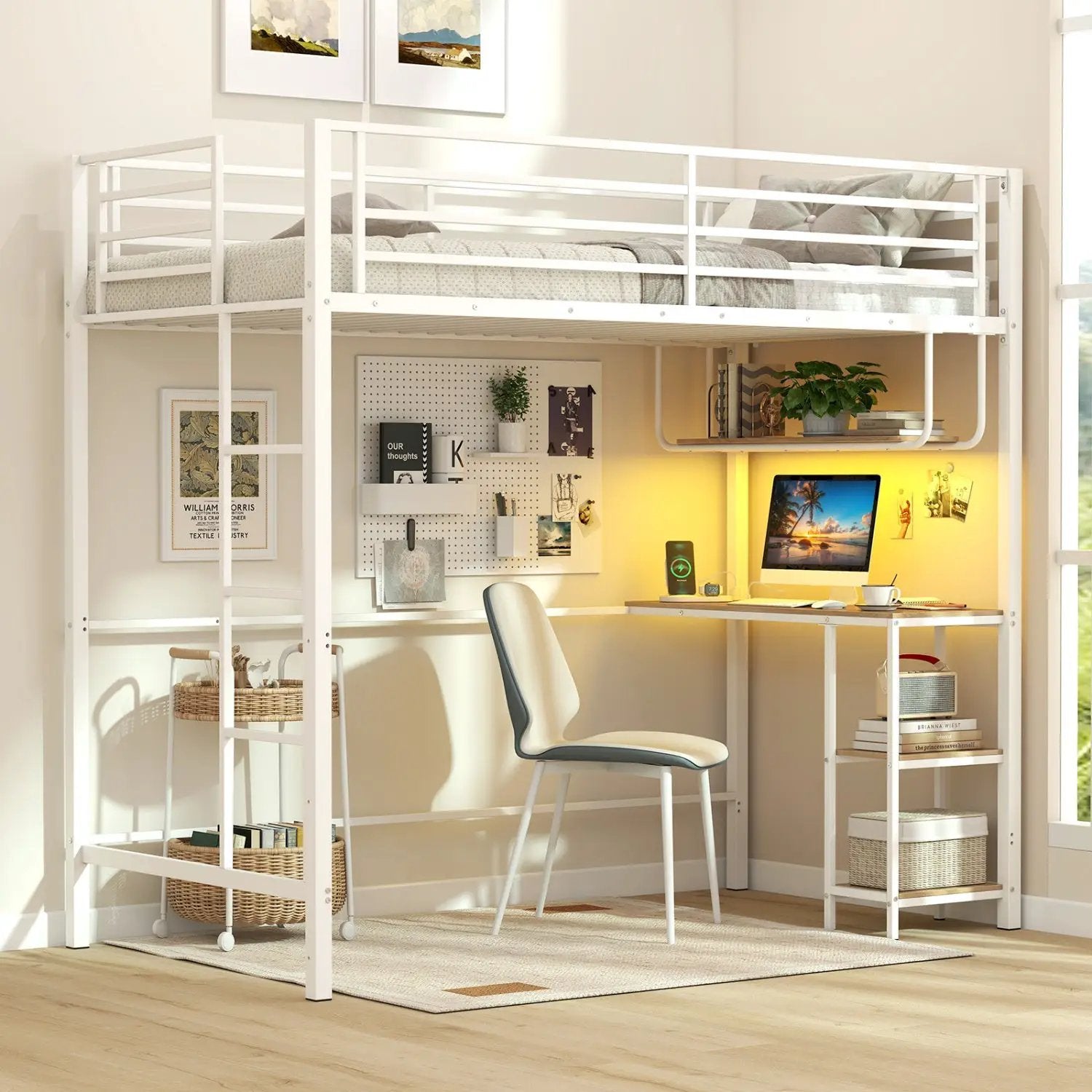 Twin Loft Bed with Desk LED Lights Charging Station Heavy-duty Metal Bed Frame with Guardrail by DirectDeals