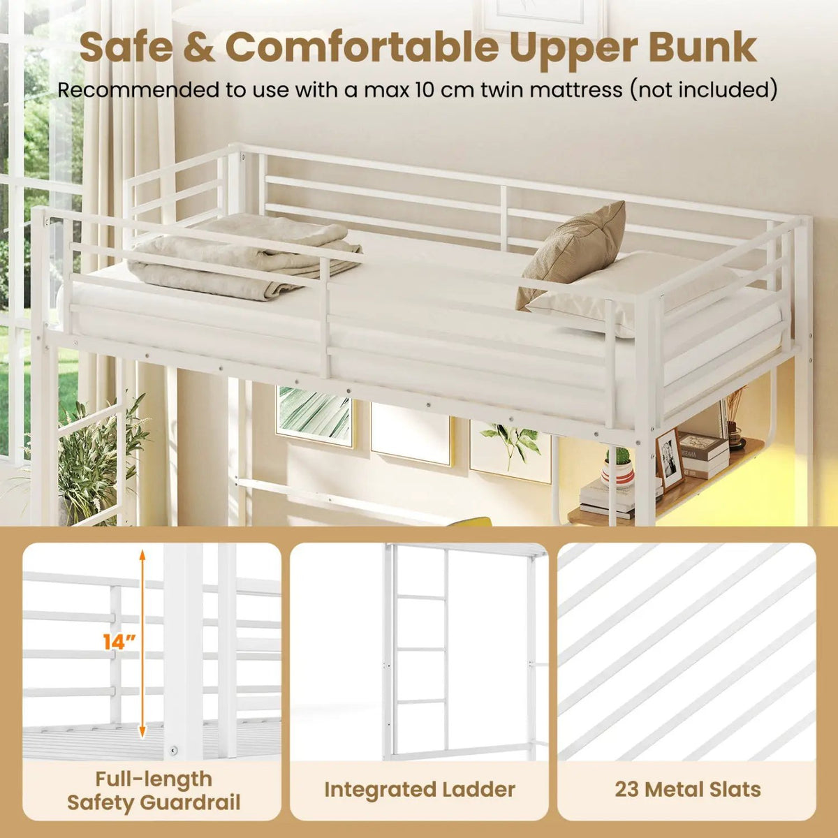 Twin Loft Bed with Desk LED Lights Charging Station Heavy-duty Metal Bed Frame with Guardrail, photo 8 of 16