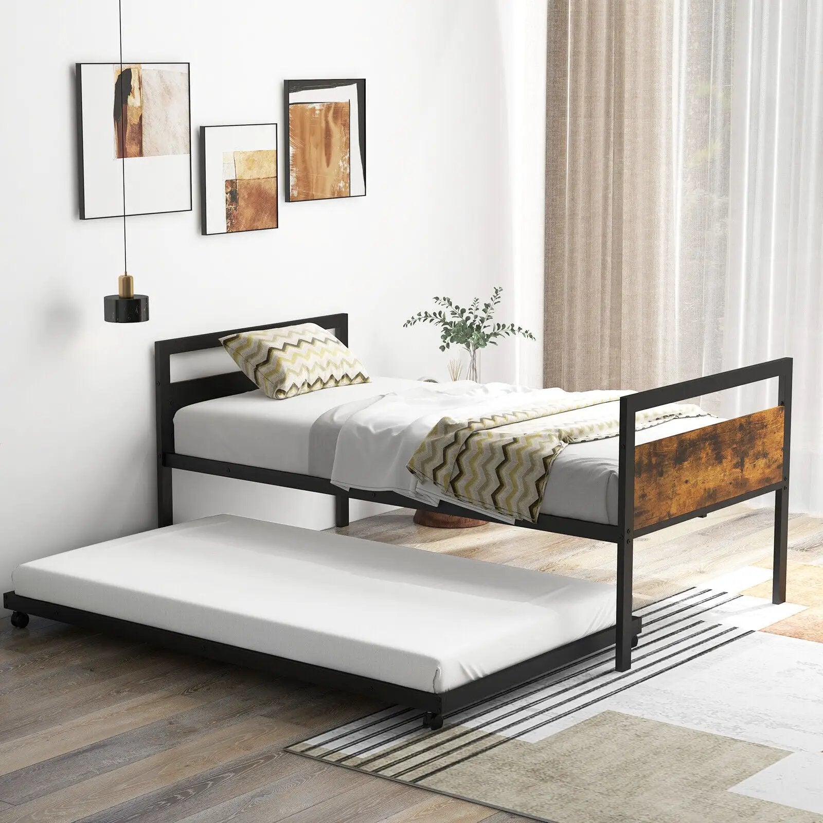 Twin Metal Daybed with Trundle Lockable Wheels-Twin Size by DirectDeals