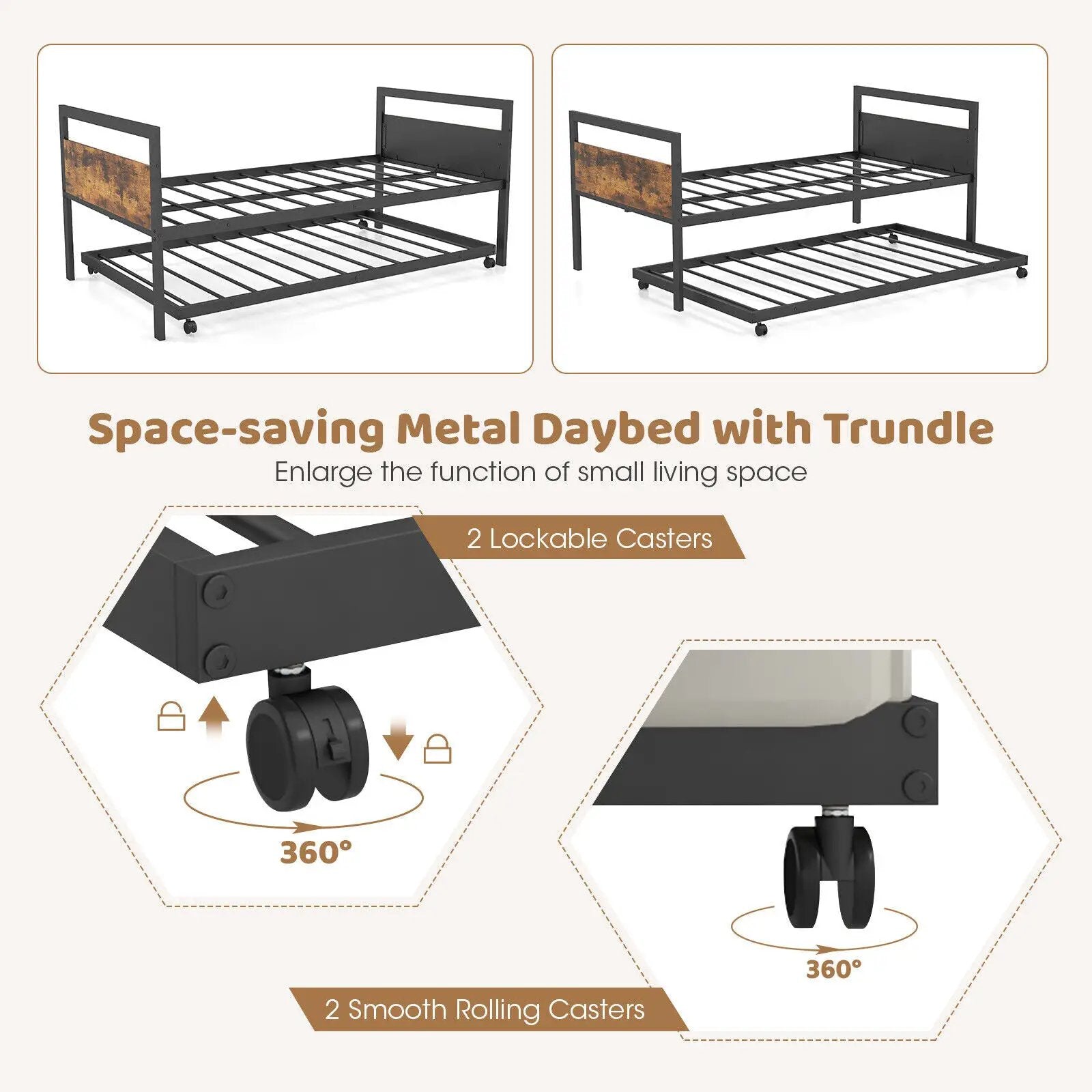 Twin Metal Daybed with Trundle Lockable Wheels-Twin Size by DirectDeals