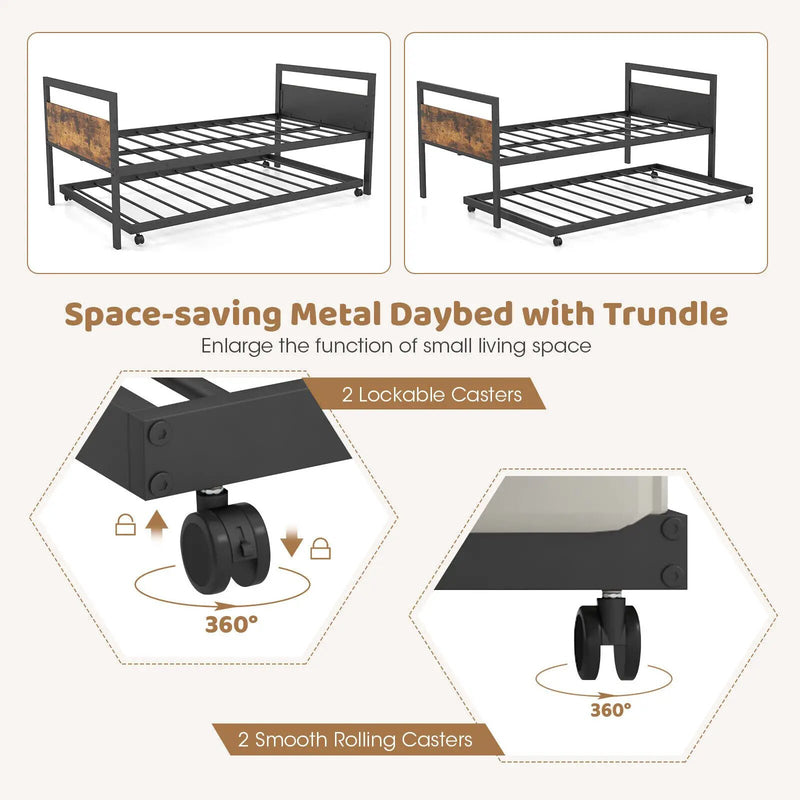 Twin Metal Daybed with Trundle Lockable Wheels-Twin Size by DirectDeals