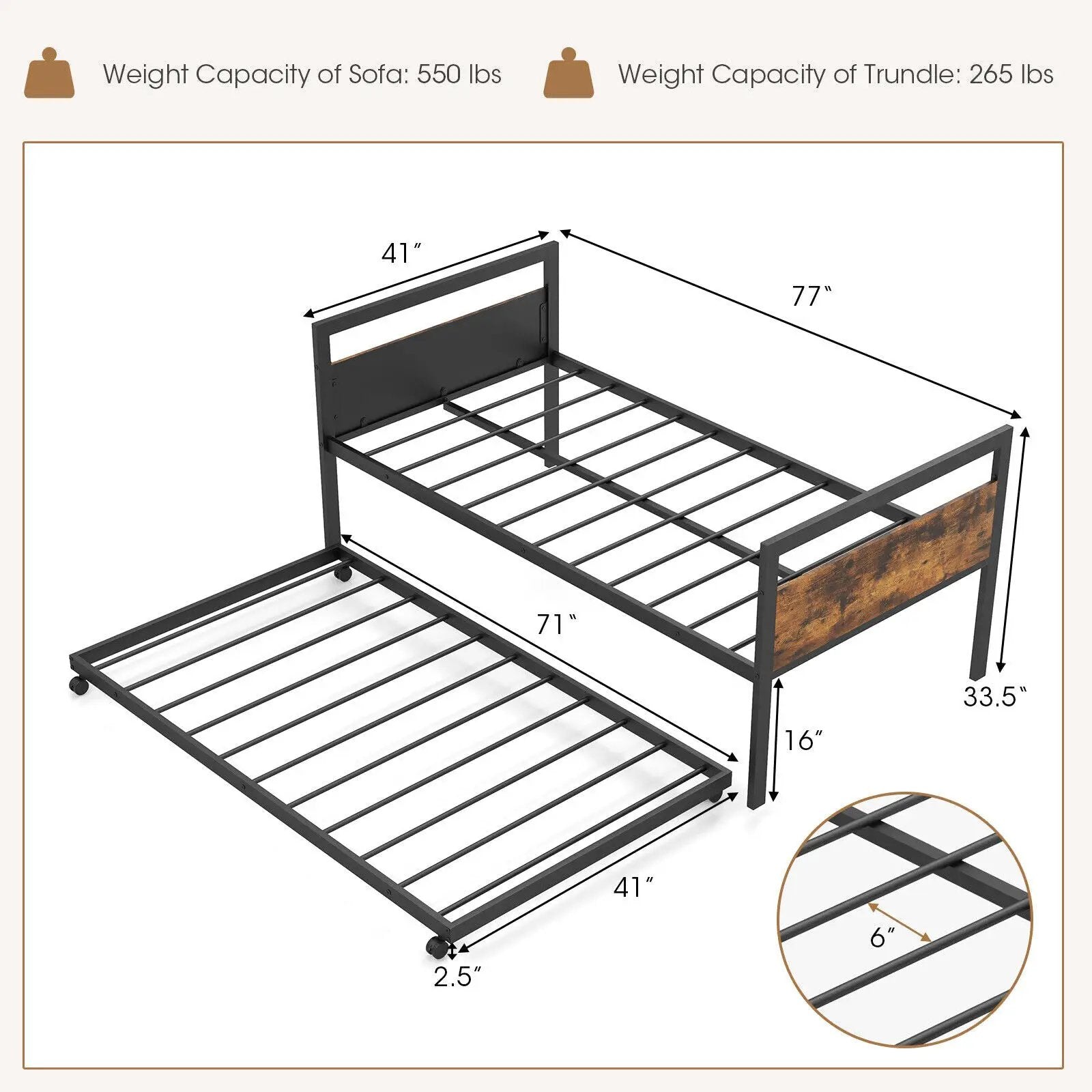 Twin Metal Daybed with Trundle Lockable Wheels-Twin Size by DirectDeals