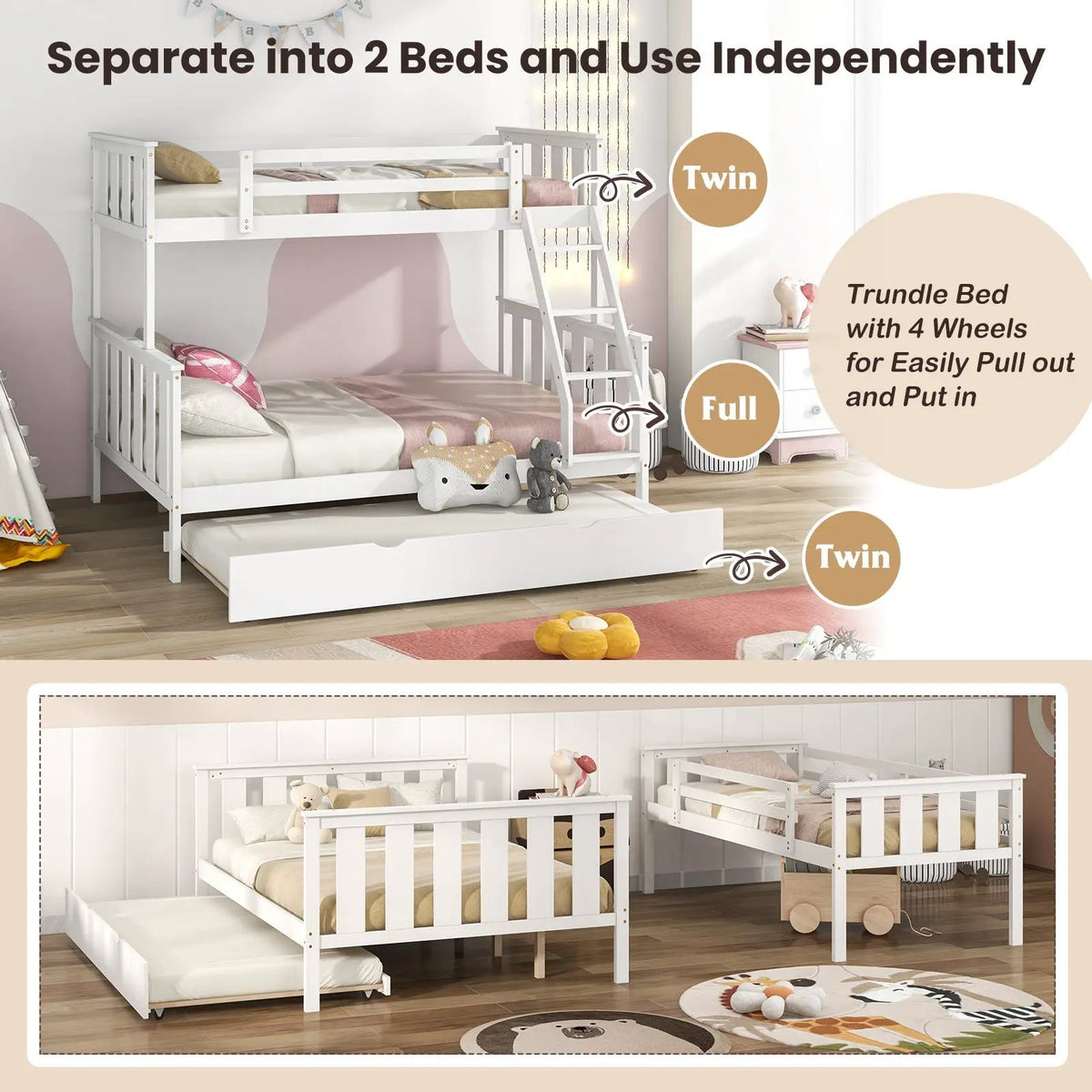 3-in-1 Twin Over Full Bunk Bed with Trundle and Ladder, photo 8 of 9