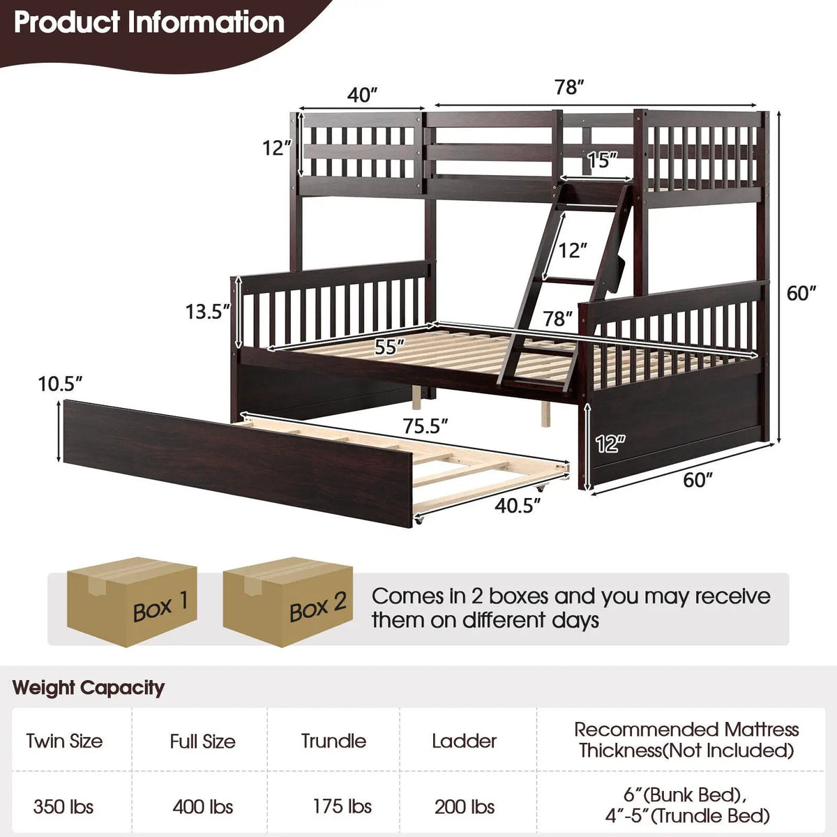 Twin Over Full Convertible Bunk Bed with Twin Trundle, photo 5 of 9