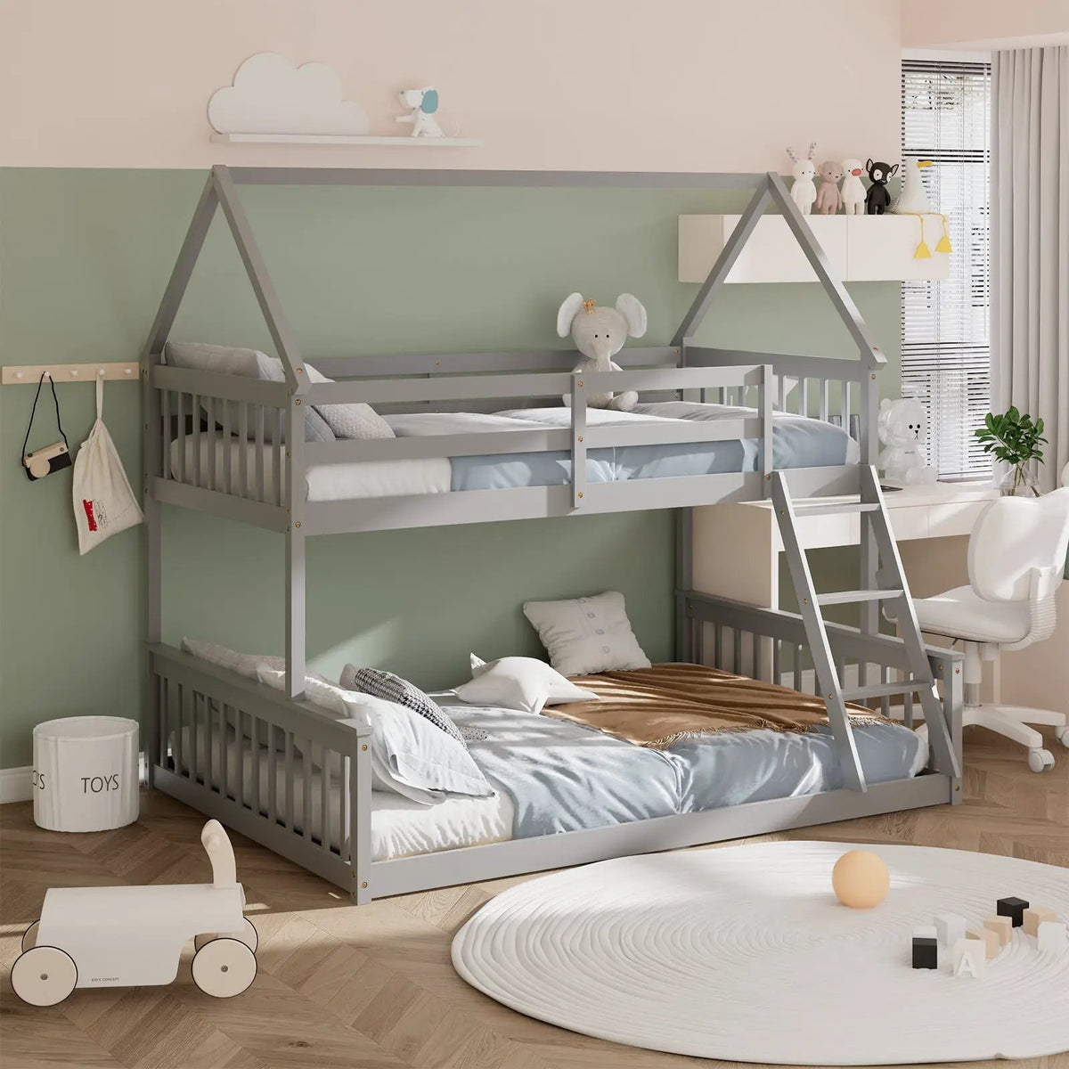 Twin Over Full House Bunk Bed with Ladder and Guardrails