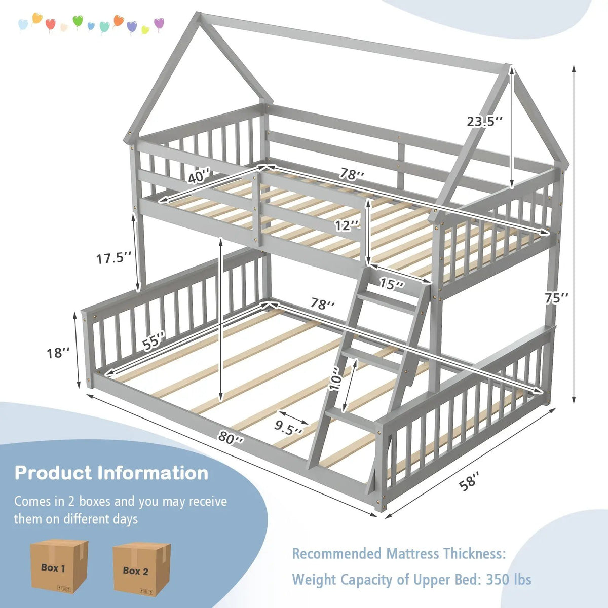 Twin Over Full House Bunk Bed with Ladder and Guardrails, photo 5 of 9