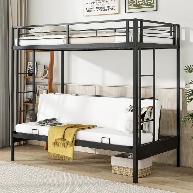 Twin Over Futon Bunk Bed with 2 Ladders and Safety Guardrails-Black by DirectDeals