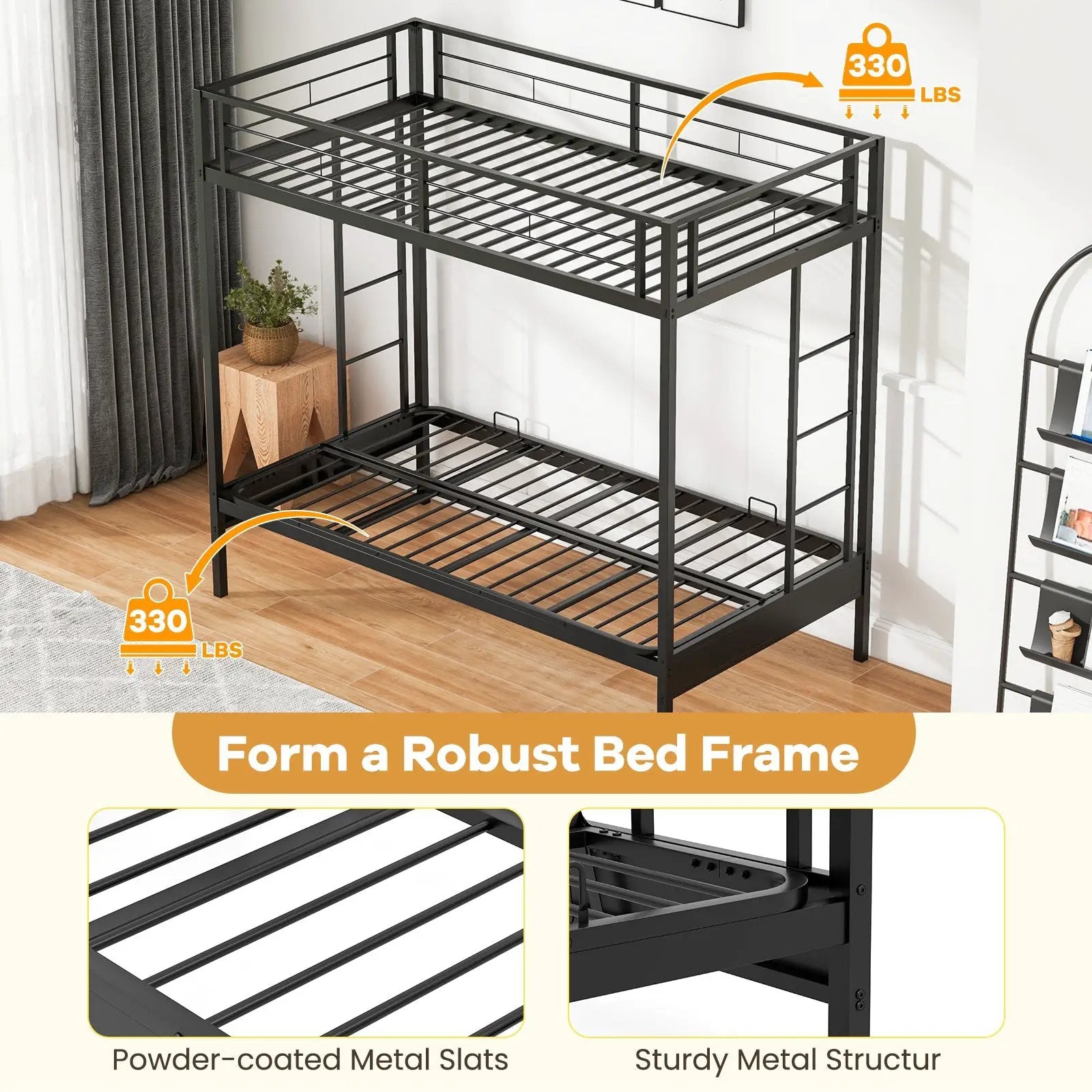 Twin Over Futon Bunk Bed with 2 Ladders and Safety Guardrails-Black by DirectDeals