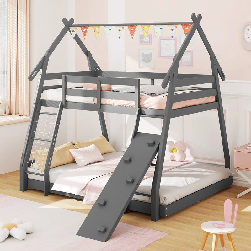 Twin Over Queen Bunk Bed Wooden Kids Bed with Climbing Nets and Ramp by DirectDeals