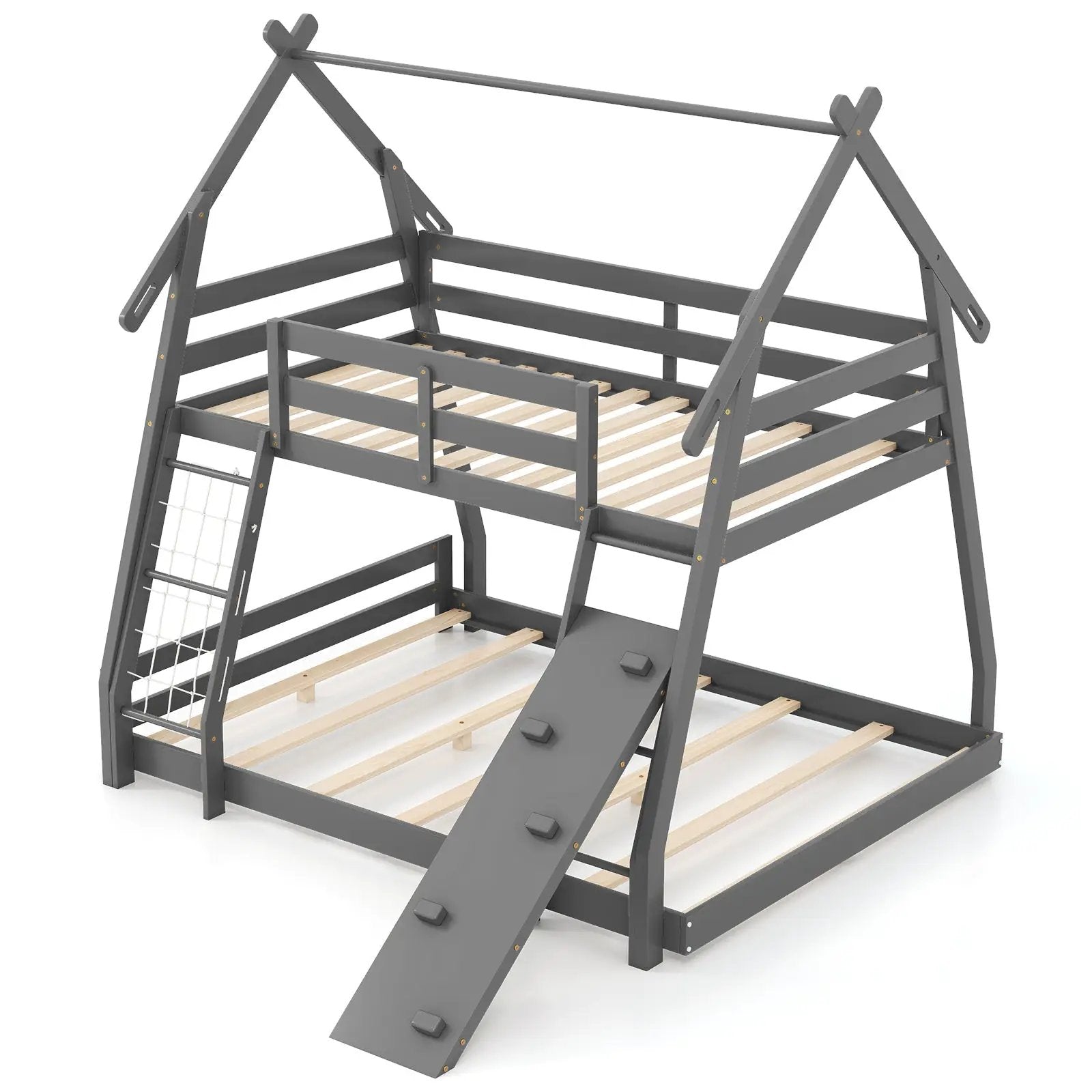 Twin Over Queen Bunk Bed Wooden Kids Bed with Climbing Nets and Ramp by DirectDeals