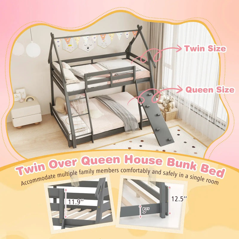 Twin Over Queen Bunk Bed Wooden Kids Bed with Climbing Nets and Ramp by DirectDeals
