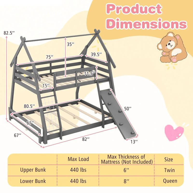 Twin Over Queen Bunk Bed Wooden Kids Bed with Climbing Nets and Ramp by DirectDeals