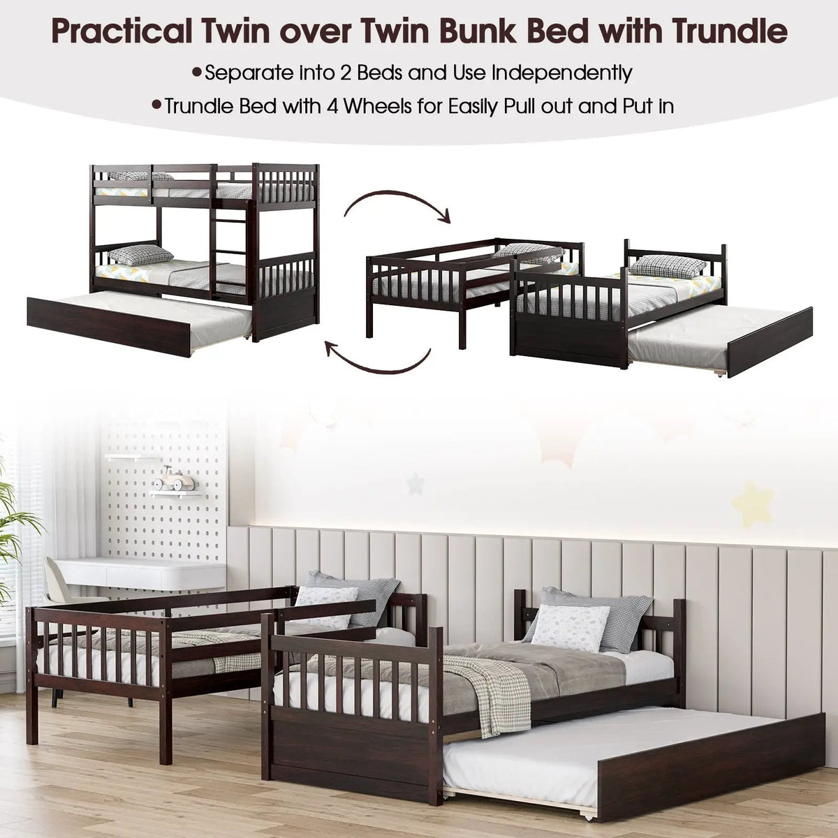 Twin Over Twin Bunk Bed with Pull-out Trundle and Ladder, photo 7 of 9