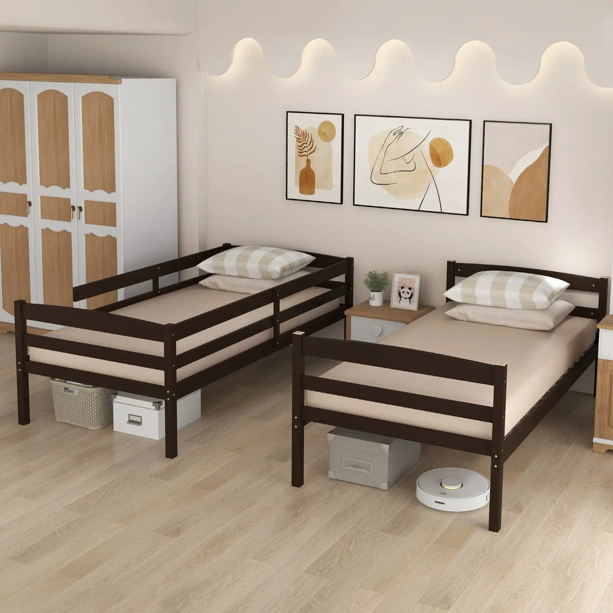 Solid Wood Twin Over Twin Bunk Bed Frame with High Guardrails and Integrated Ladder, photo 2 of 10