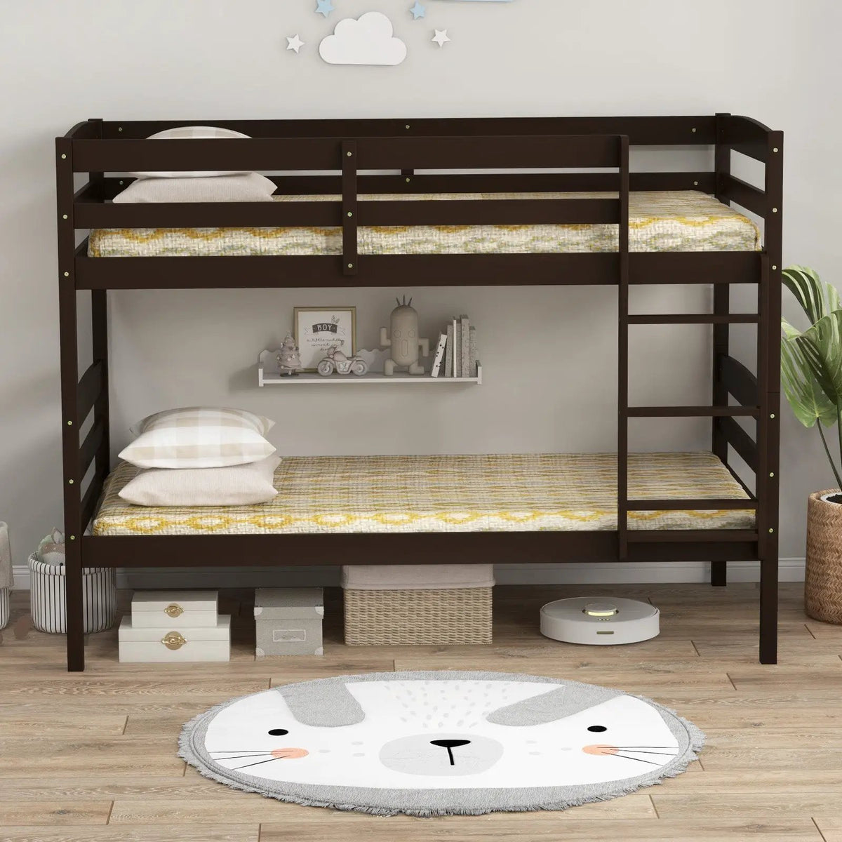 Solid Wood Twin Over Twin Bunk Bed Frame with High Guardrails and Integrated Ladder, photo 6 of 10