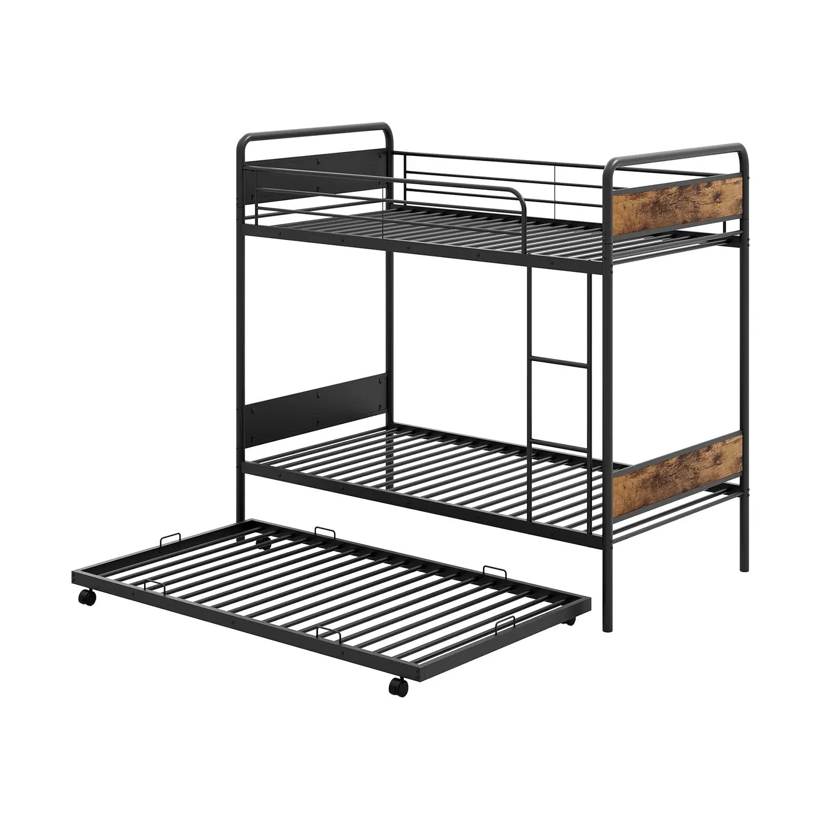Twin Over Twin Bunk Bed with Trundle with Ladder and Full-length Guardrails-Black by DirectDeals