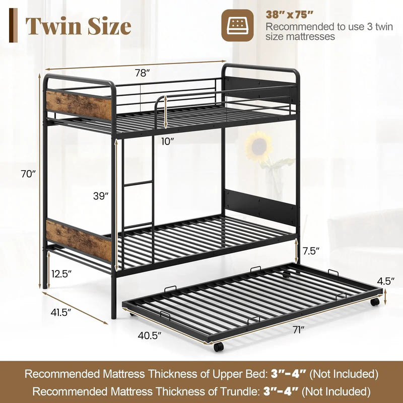 Twin Over Twin Bunk Bed with Trundle with Ladder and Full-length Guardrails-Black by DirectDeals