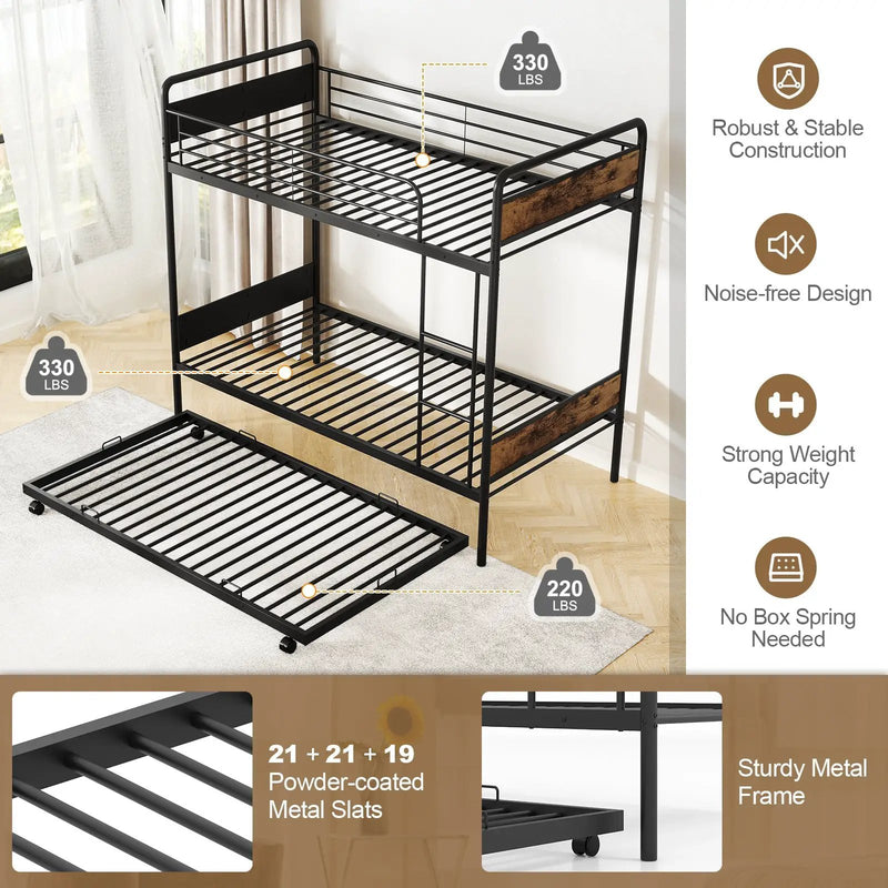 Twin Over Twin Bunk Bed with Trundle with Ladder and Full-length Guardrails-Black by DirectDeals
