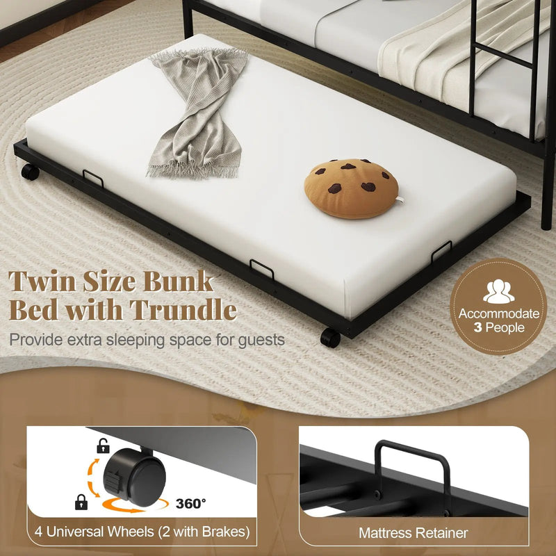 Twin Over Twin Bunk Bed with Trundle with Ladder and Full-length Guardrails-Black by DirectDeals