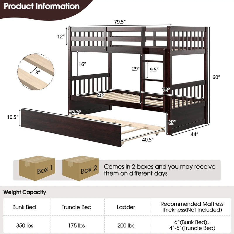 Twin Over Twin Bunk Bed with Pull-out Trundle and Ladder by DirectDeals