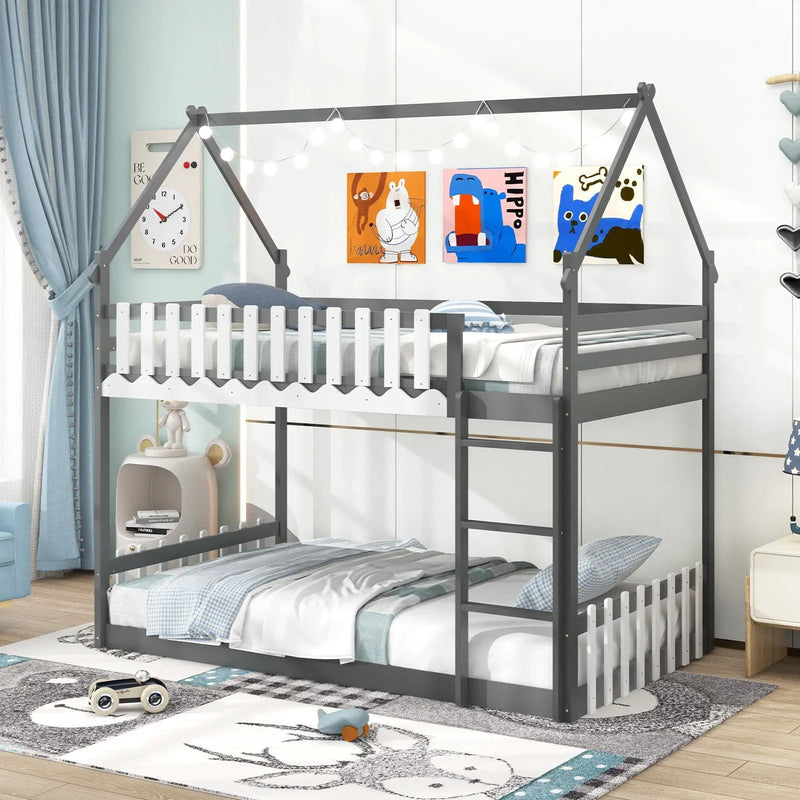 Twin Over Twin Bunk Bed with Fence and Ladder for Kids by DirectDeals