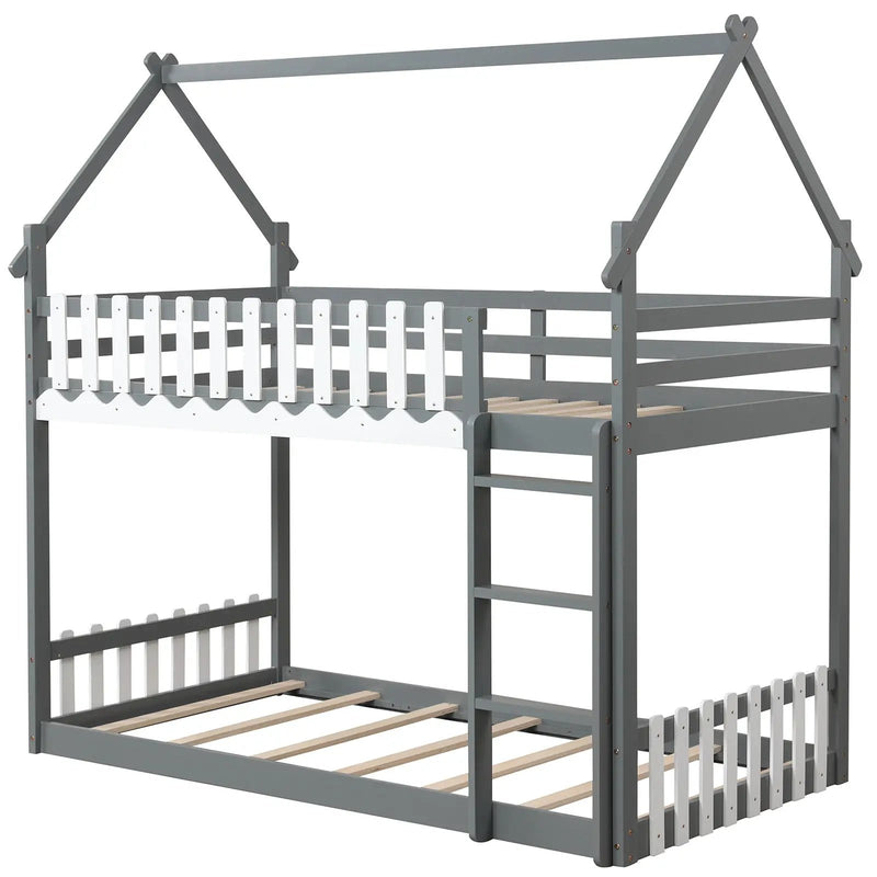 Twin Over Twin Bunk Bed with Fence and Ladder for Kids by DirectDeals