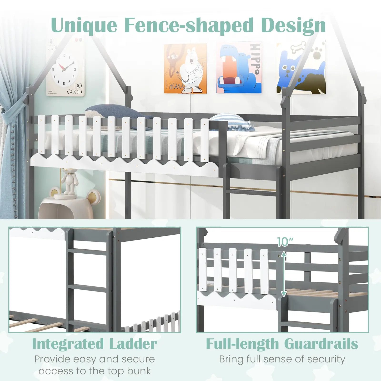 Twin Over Twin Bunk Bed with Fence and Ladder for Kids by DirectDeals