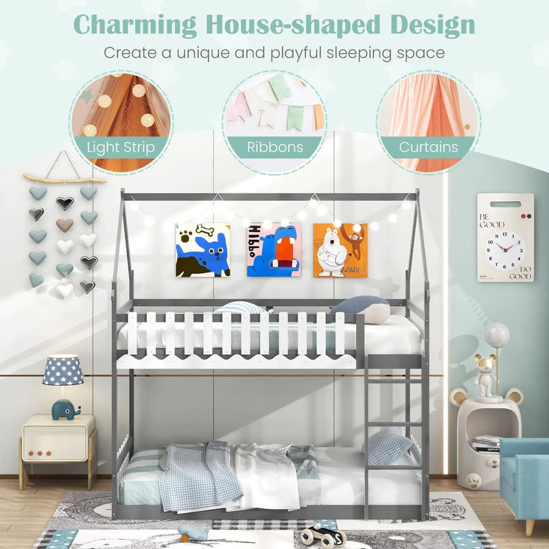 Twin Over Twin Bunk Bed with Fence and Ladder for Kids by DirectDeals
